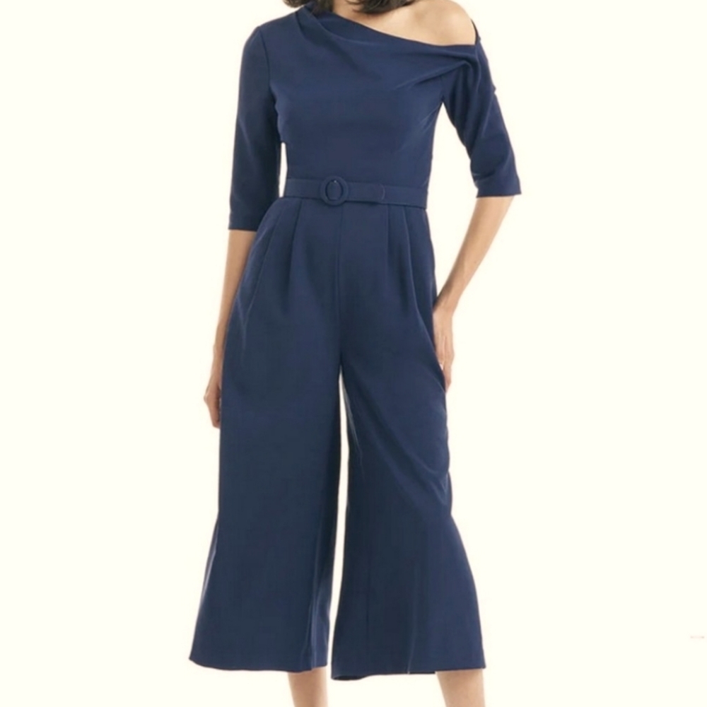Kay Unger Deep Navy Blue Tori One-Shoulder Wide Leg Jumpsuit size 4 NWT
